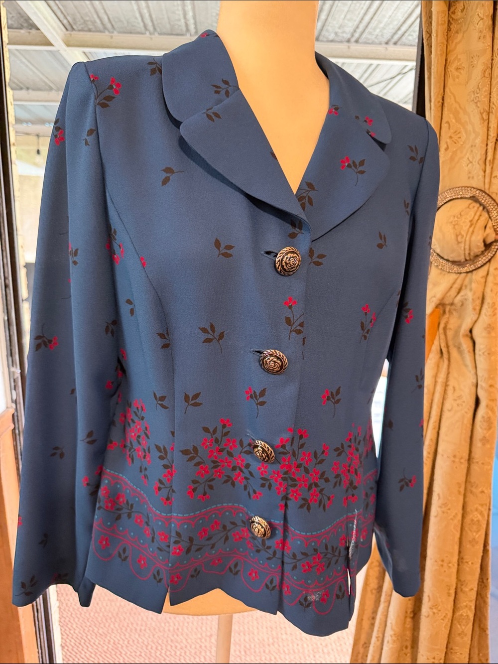 Selfie Leslie Navy Blazer with Red Floral Embroidery